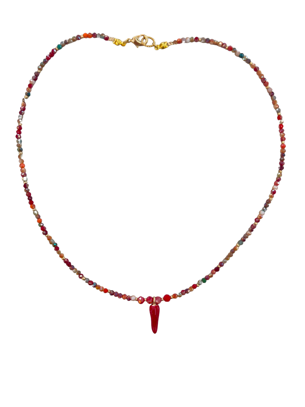 Collana con perline multicolore e ciondolo cornetto rosso