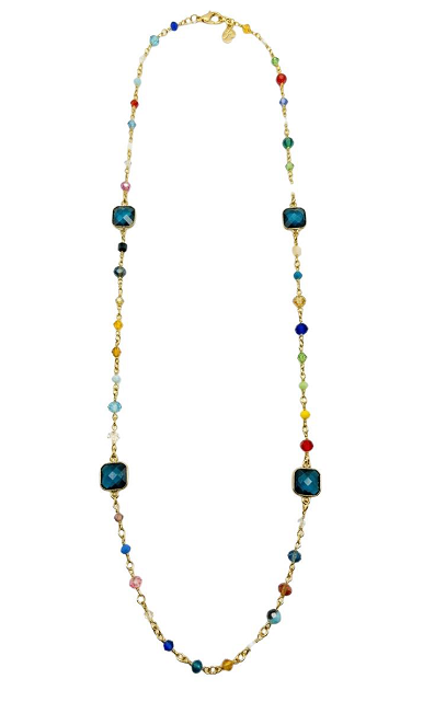 Collana lunga dorata con perline multicolore e pietre quadrate blu petrolio