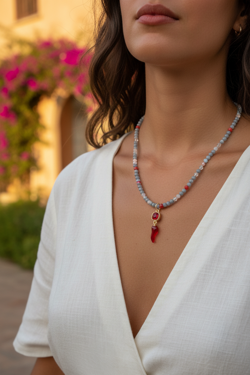Cielo e Corallo – Collana indossata