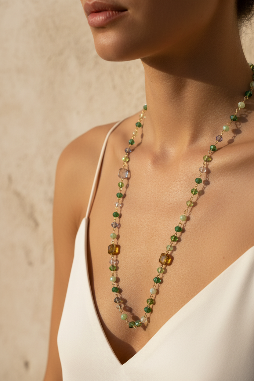 Collana cristalli verdi 75cm indossata