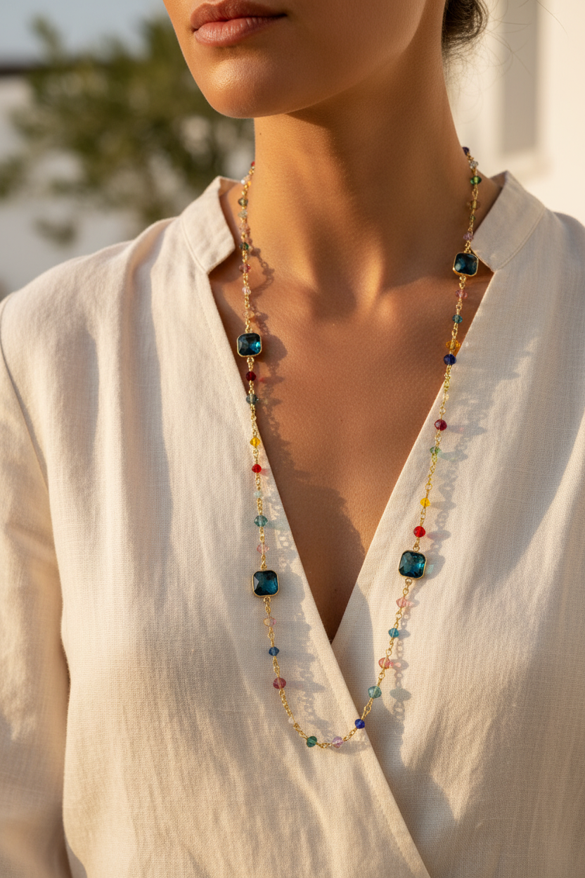 Collana lunga blu petrolio indossata lifestyle