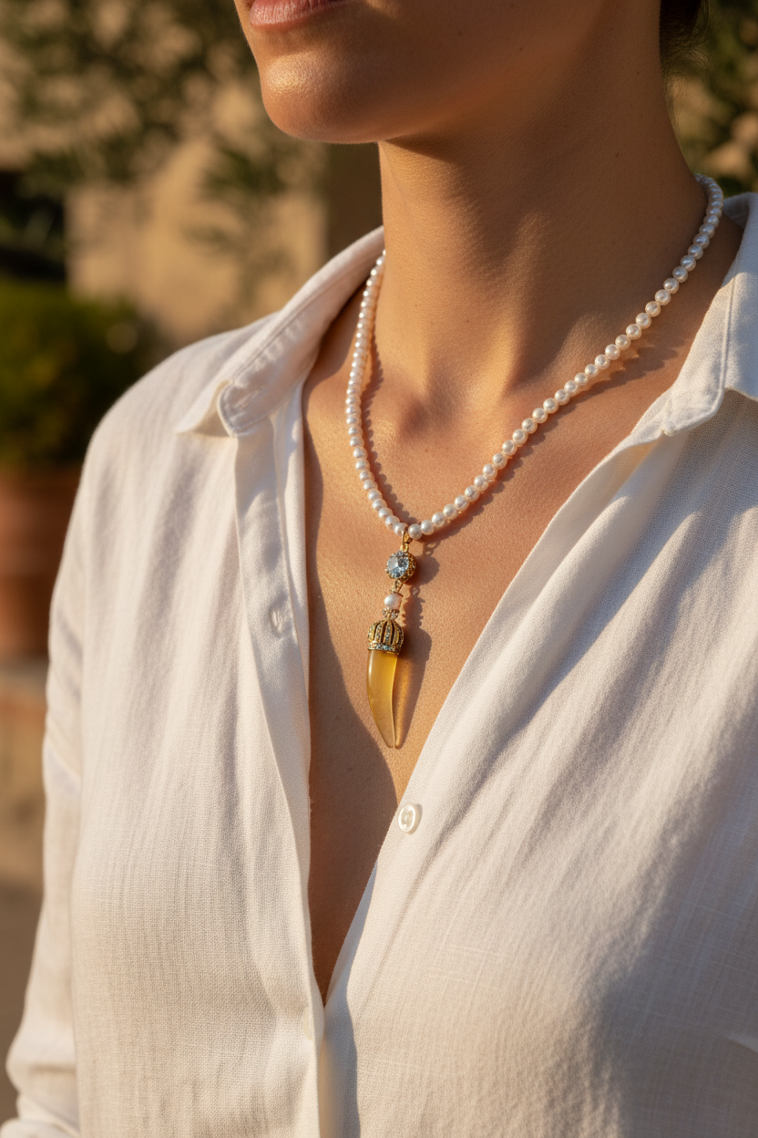 Collana Perle e Corno Senape indossata lifestyle