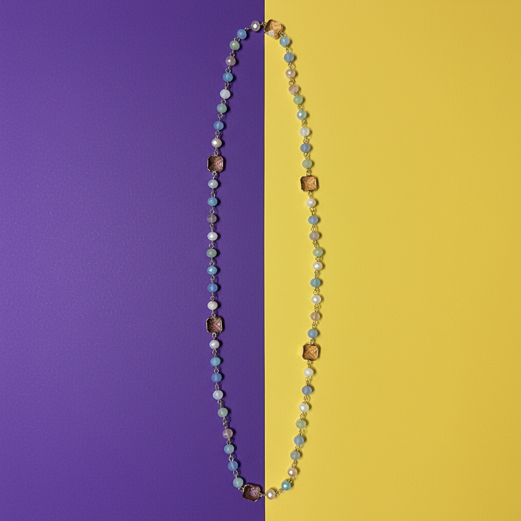 Collana cristalli azzurri su sfondo viola e giallo