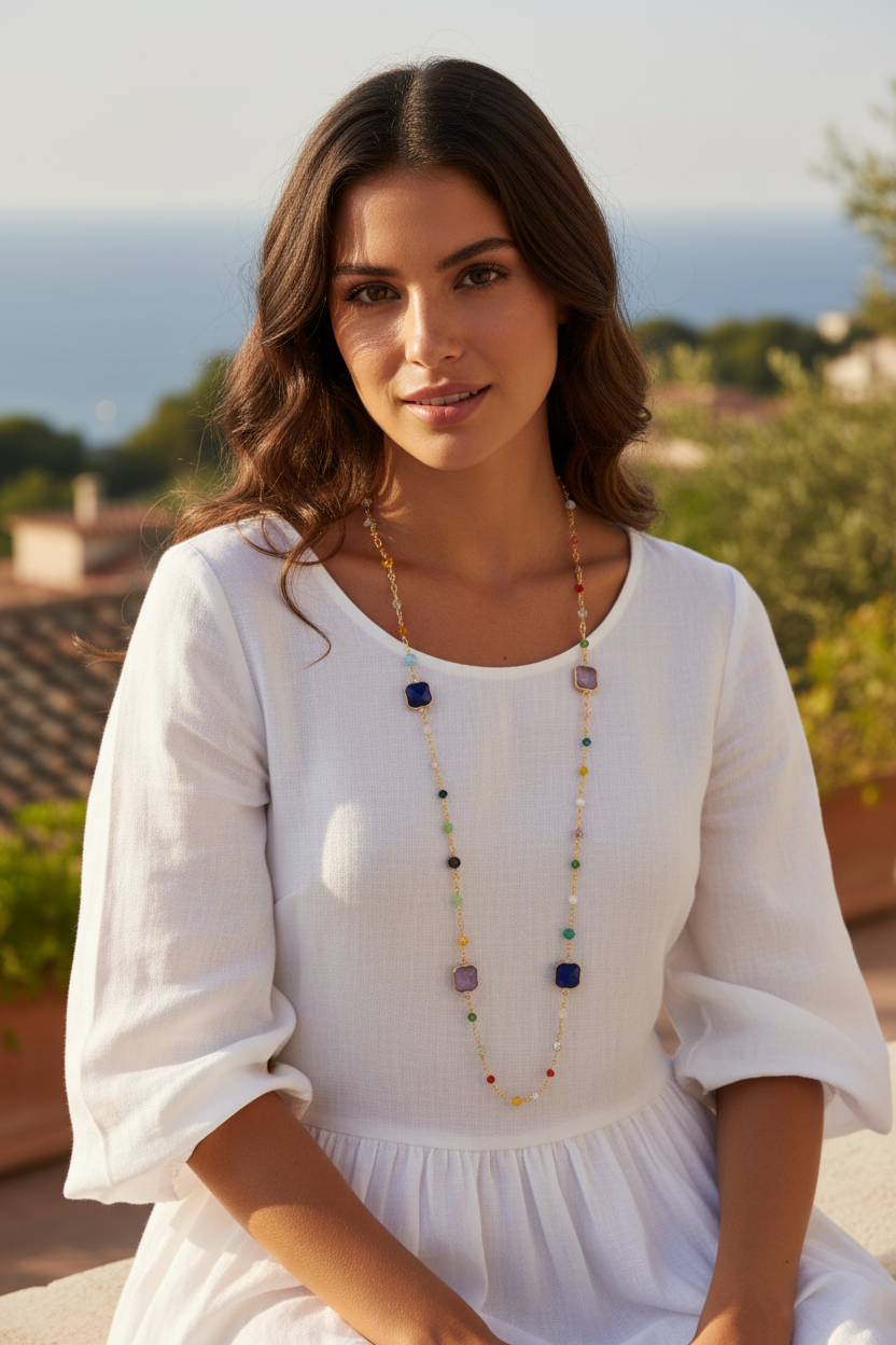 Collana lunga Bohèmien Blu e Lilla indossata - stile mediterraneo